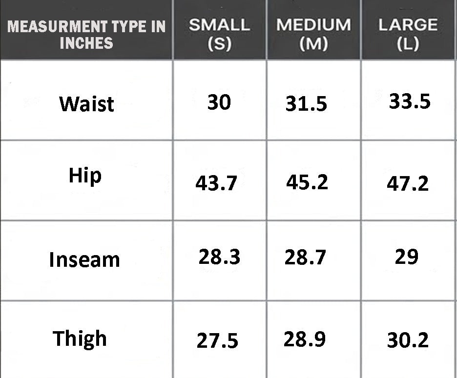 Size chart for Snow White Chino