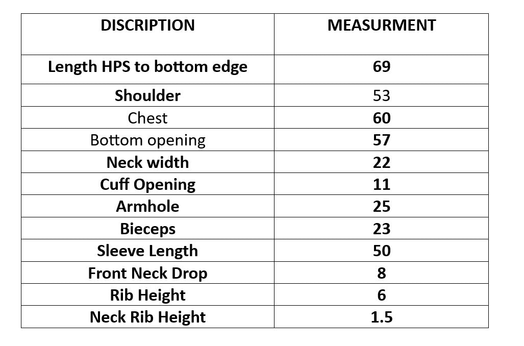 Size chart for Compass Sweatshirt
