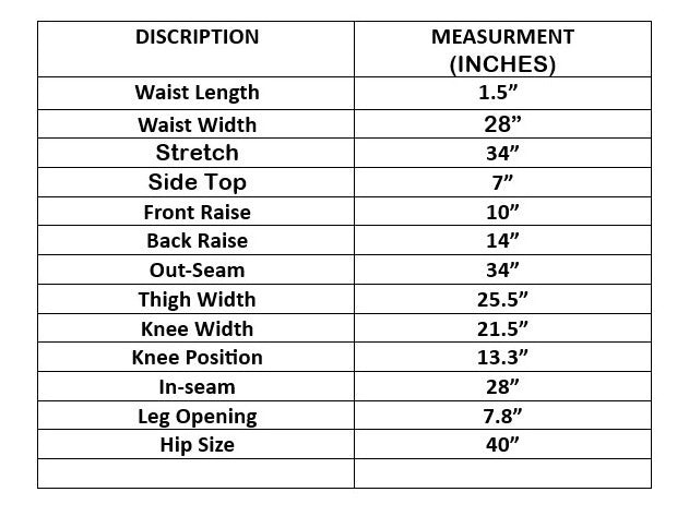 Size chart for Midnight Sleek Straight Pant